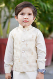 Off White Kurta with Gold Jamawar Waistcoat For Boys