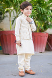 Off White Kurta with Gold Jamawar Waistcoat For Boys