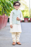 White Kurta with Sea Green Jamawar Waistcoat For Boys