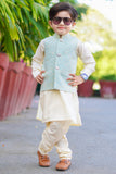 White Kurta with Sea Green Jamawar Waistcoat For Boys