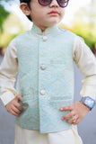 White Kurta with Sea Green Jamawar Waistcoat For Boys