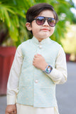 White Kurta with Sea Green Jamawar Waistcoat For Boys