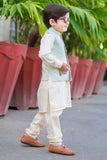 White Kurta with Sea Green Jamawar Waistcoat For Boys