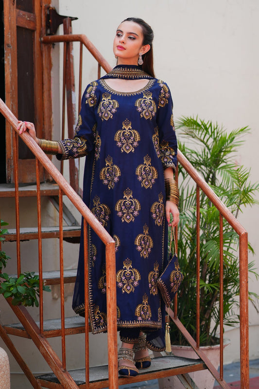 Mehr Navy Blue Silk Long Shirt Capri with Chiffon Dupatta For Women