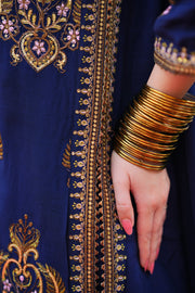 Mehr Navy Blue Silk Long Shirt Capri with Chiffon Dupatta For Women