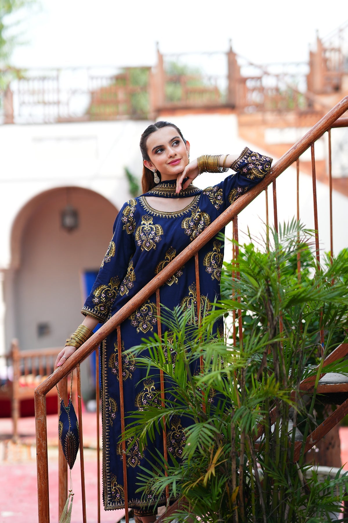 Mehr Navy Blue Silk Long Shirt Capri with Chiffon Dupatta For Women