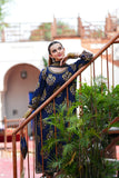 Mehr Navy Blue Silk Long Shirt Capri with Chiffon Dupatta For Women