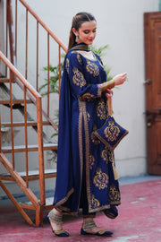 Mehr Navy Blue Silk Long Shirt Capri with Chiffon Dupatta For Women