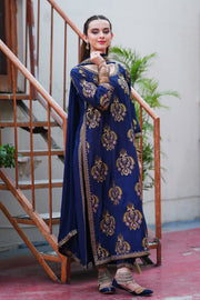 Mehr Navy Blue Silk Long Shirt Capri with Chiffon Dupatta For Women