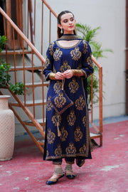 Mehr Navy Blue Silk Long Shirt Capri with Chiffon Dupatta For Women