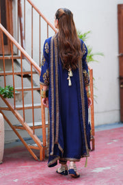 Mehr Navy Blue Silk Long Shirt Capri with Chiffon Dupatta For Women