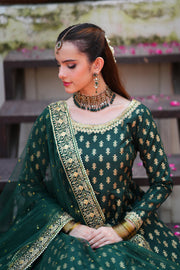 Afsaana Dark Green Kattan Silk Maxi with Net Dupatta For Women