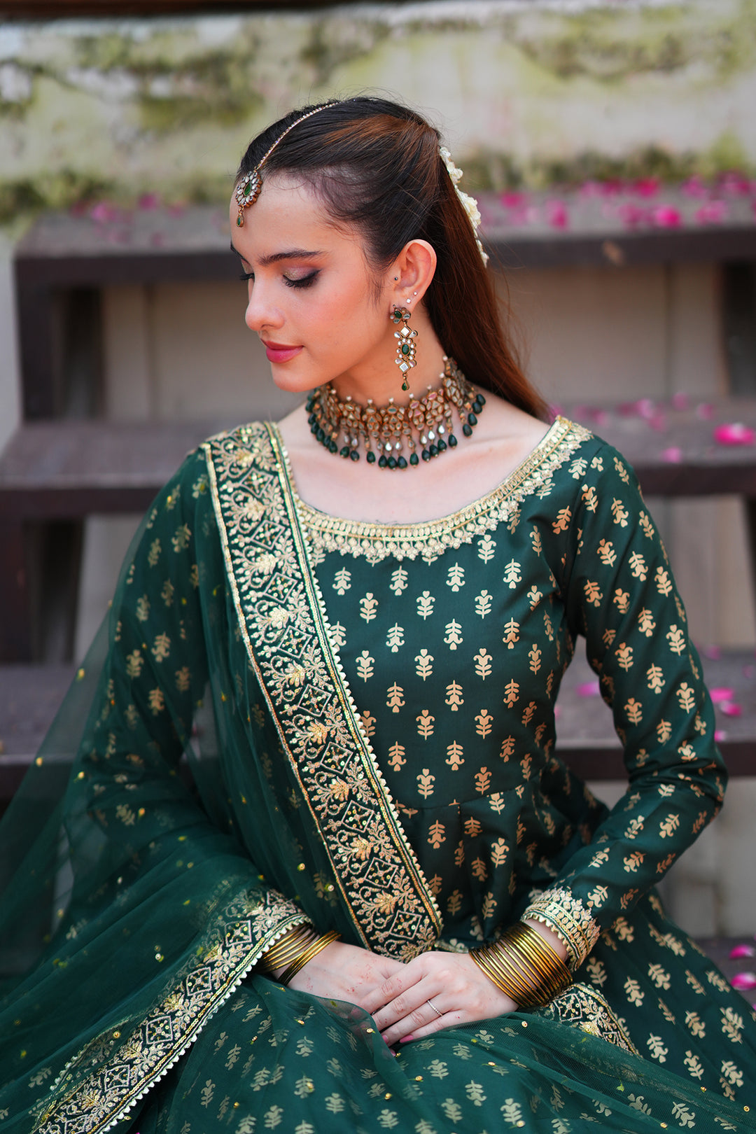 Afsaana Dark Green Kattan Silk Maxi with Net Dupatta For Women