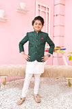 Majestic Dark Green Embroidered Prince Coat For Boys