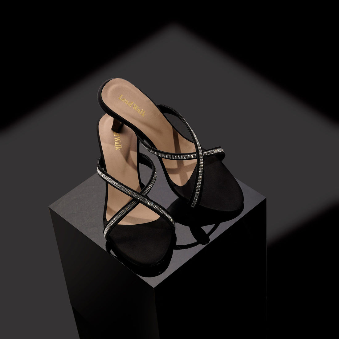 Black Criss-Cross Rhinestone Heels For Women