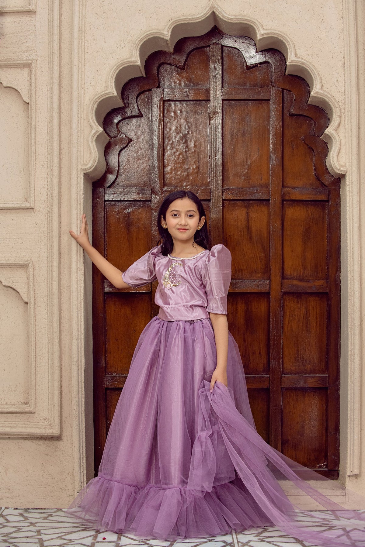 Hand Embellished Silk Shirt with Net Lehnga For Girls