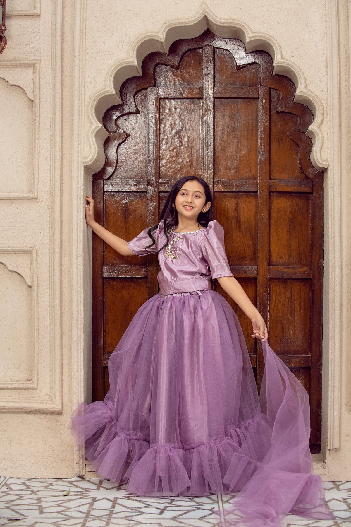 Hand Embellished Silk Shirt with Net Lehnga For Girls