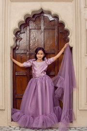 Hand Embellished Silk Shirt with Net Lehnga For Girls