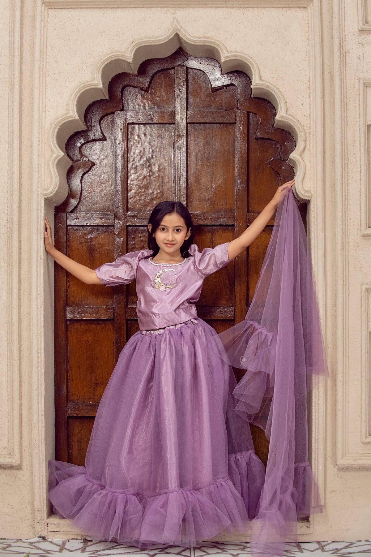 Hand Embellished Silk Shirt with Net Lehnga For Girls