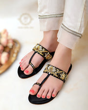 Shimmer Kohlapuris - Black Kohlapuris with Gold & Silver Zardozi Work For Women