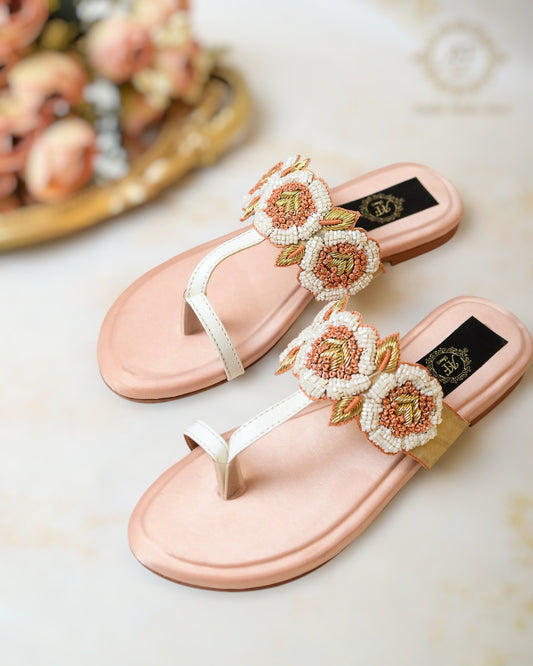 Lara Peach Kohlapuris - Soft Cushioned Kohlapuris with Cutdana & Zardozi Work For Women