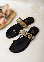 Shimmer Kohlapuris - Black Kohlapuris with Gold & Silver Zardozi Work For Women