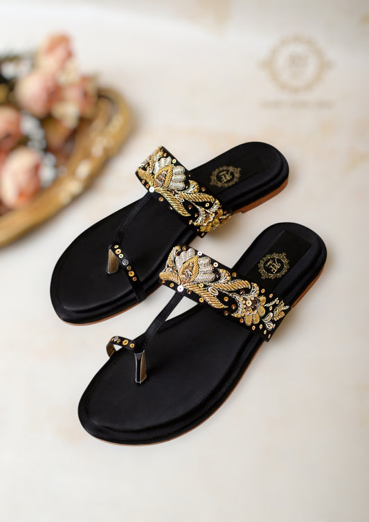 Shimmer Kohlapuris - Black Kohlapuris with Gold & Silver Zardozi Work For Women