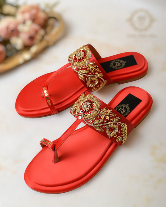 Gulal Kohlapuris - Red Kohlapuris with Pure Golden Zardozi Work For Women