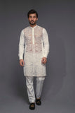 White Color Appliqued Kurta Pajama For Men