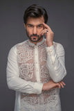 White Color Appliqued Kurta Pajama For Men
