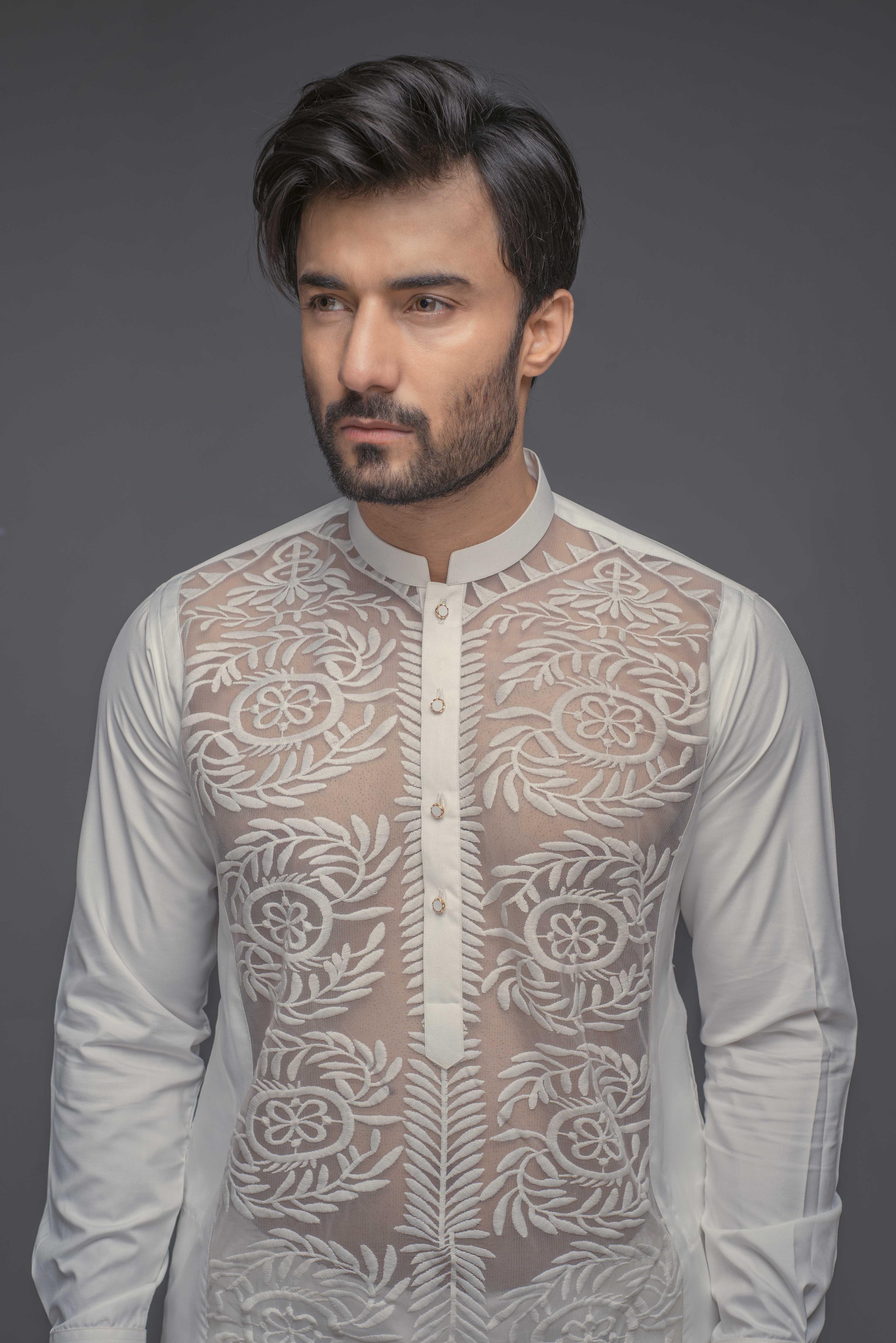 White Color Appliqued Kurta Pajama For Men