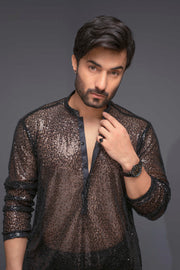 Black Color Net Kurta Pajama For Men