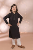 Dotted Black Cotton Kurta with Embroidered Collar & Front For Boys