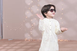 Elegant Off-White Cotton Kurta with Embroidered Collar and Front For Boys