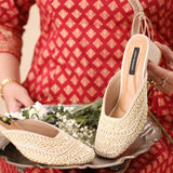 Cream Geometric Heels – Handcrafted Silk Elegance For Women