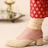 Cream Geometric Heels – Handcrafted Silk Elegance For Women