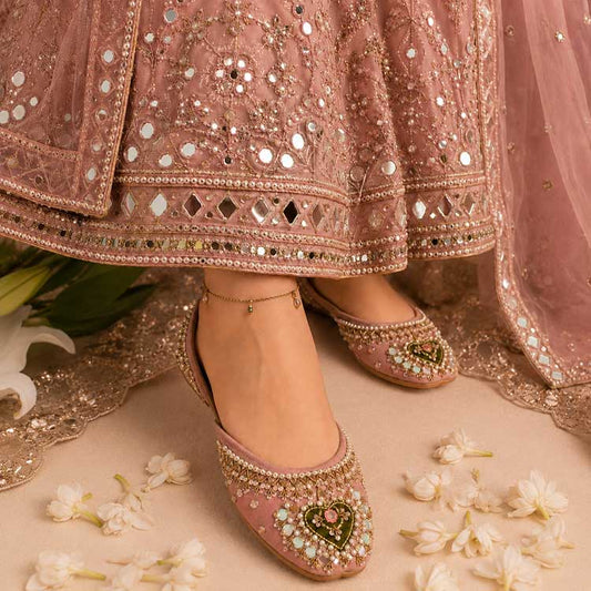 Blush Pink Heart Embellished Velvet Khussa For Women