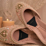 Blush Pink Heart Embellished Velvet Khussa For Women