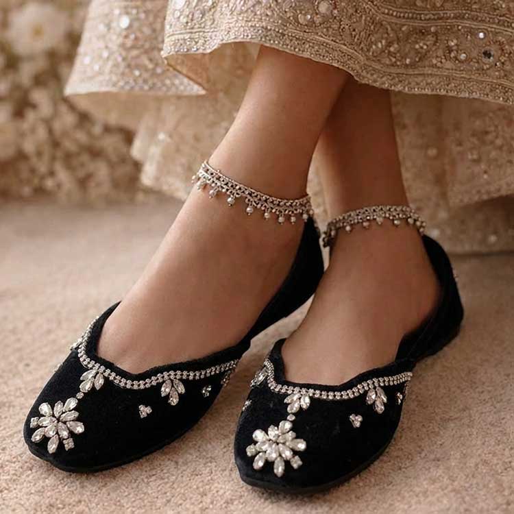 Dazzle Black Velvet Crystal Khussa For Women