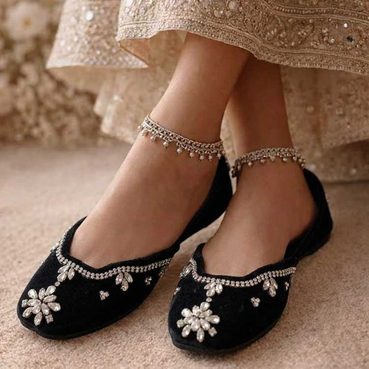 Dazzle Black Velvet Crystal Khussa For Women