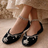 Dazzle Black Velvet Crystal Khussa For Women