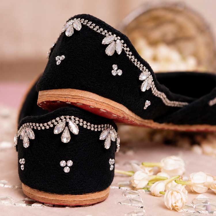 Dazzle Black Velvet Crystal Khussa For Women