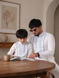 White Mirror Work Father & Son Matching Kurta Set For Men & Kid