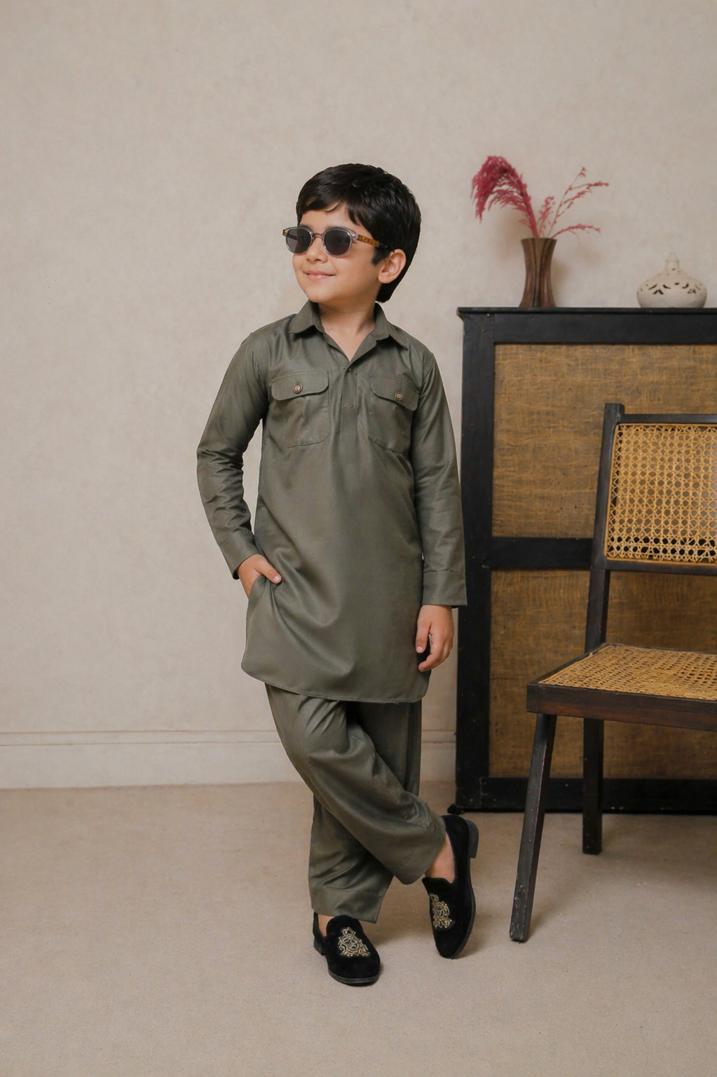 Royal Heritage Olive Green Kurta Set For Boys