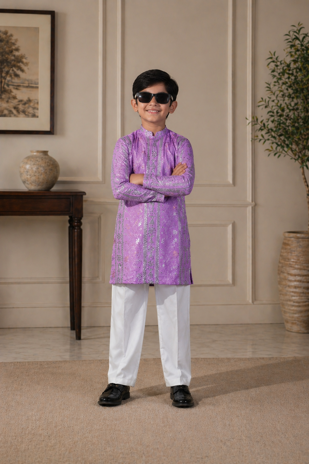 Purple Father & Son Matching Kurta Pajama Set For Men & Kid