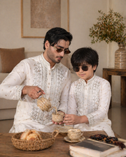 White Mirror Work Father & Son Kurta Pajama Set For Men & Kid