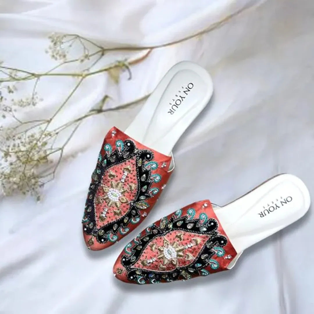 Punch Pink Silk Mule Shoes For Women