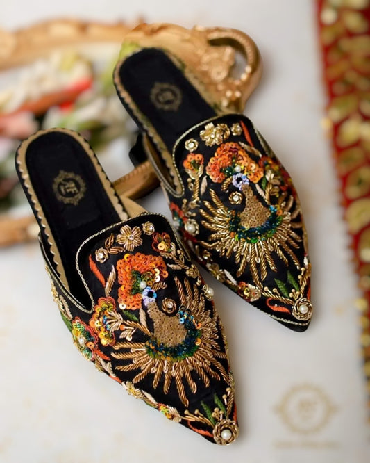 Black Peacock Mules with Elegant Embroidery For Women