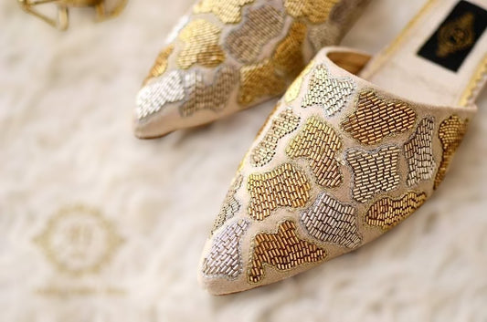 Cara Mules with Gold and Silver Cutdana Work on Off-White Base For Women
