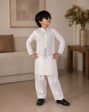 White Mirror Work Father & Son Kurta Pajama Set For Men & Kid